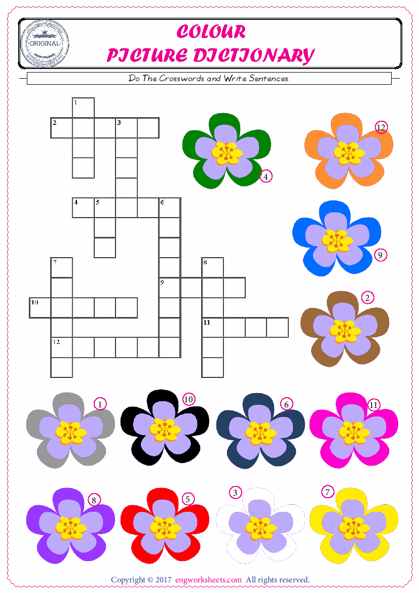  ESL printable worksheet for kids, supply the missing words of the crossword by using the Colour picture. 